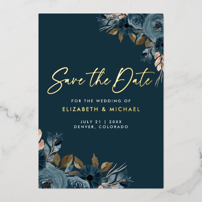 Navy Blue Flowers Wedding Save The Date Invitation Foil Invitation (Front)