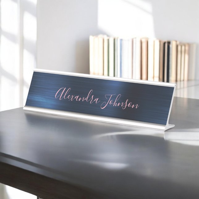 Navy Blue Foil | Blush Pink Foil Modern Desk Name Plate (Creator Uploaded)