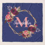 Navy blue fold geometric florals monogram scarf<br><div class="desc">A chic navy blue background. A faux gold geometric frame decorated with watercolored flowers,  roses in burgundy and pink and boho style feathers.  Templates for Your name and monogram letter.  The name in pink is written with a modern and trendy hand lettered style script.  The monogram letter in coral.</div>