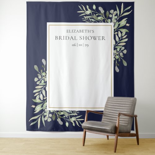 Navy Blue Foliage Bridal Shower Photo Backdrop - Featuring delicate watercolor greenery leaves on a navy blue background, this chic bridal shower photo booth backdrop can be personalized with the bride's name and special date. Designed by Thisisnotme©