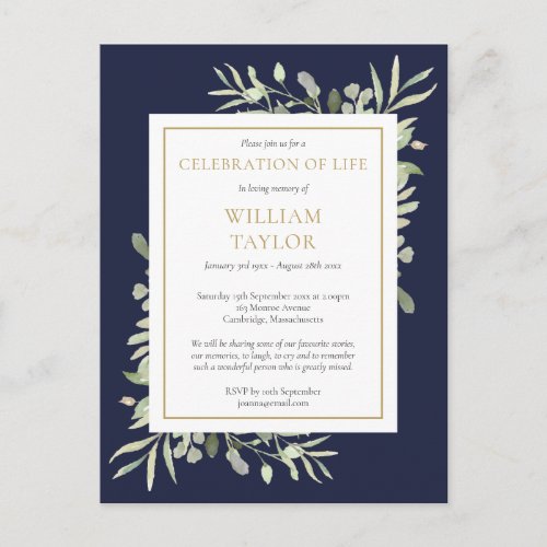 Navy Blue Foliage Celebration of Life Invitation Postcard