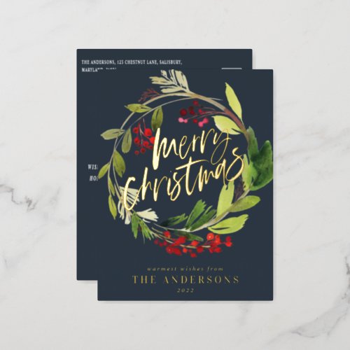 Navy blue foliage elegant non photo Christmas Foil Holiday Postcard