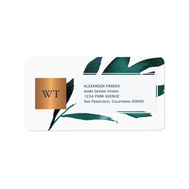 Navy blue foliage  metallic copper square monogram label (Front)