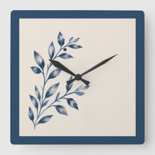 Navy Blue Foliage Minimalist Square Clock