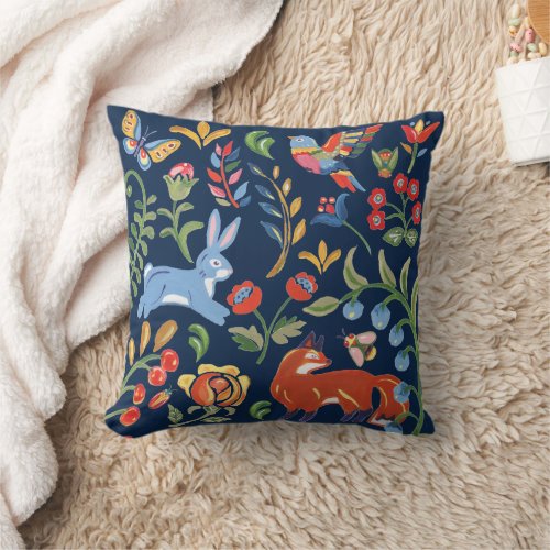Navy Blue Folk Art Woodland Animal Floral Decor Throw Pillow