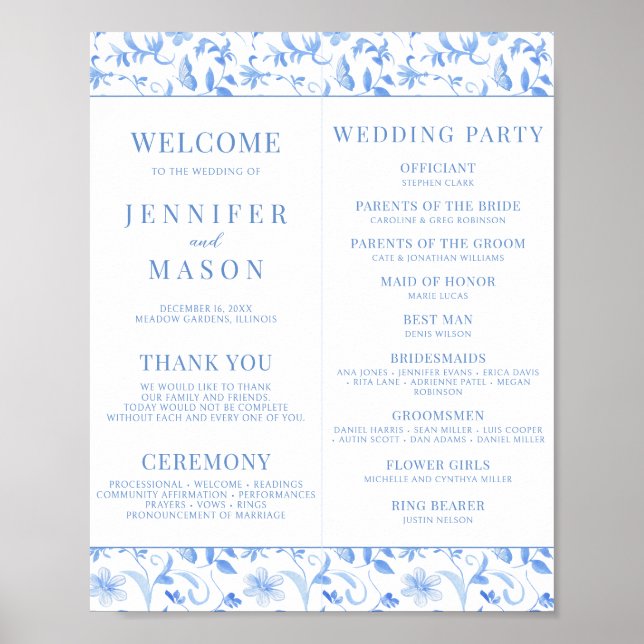 Navy Blue Folk Floral Wedding Programs Download Poster (Front)