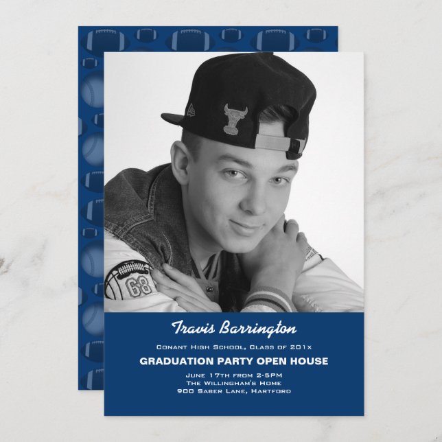 Navy Blue Football Photo Guy Grad Party Invitation (Front/Back)
