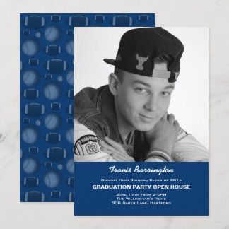 Navy Blue Football Photo Guy Grad Party Invitation