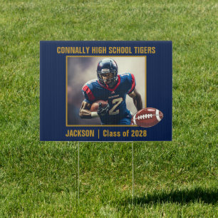 Navy Blue Football Player Photo Graduation Yard Sign