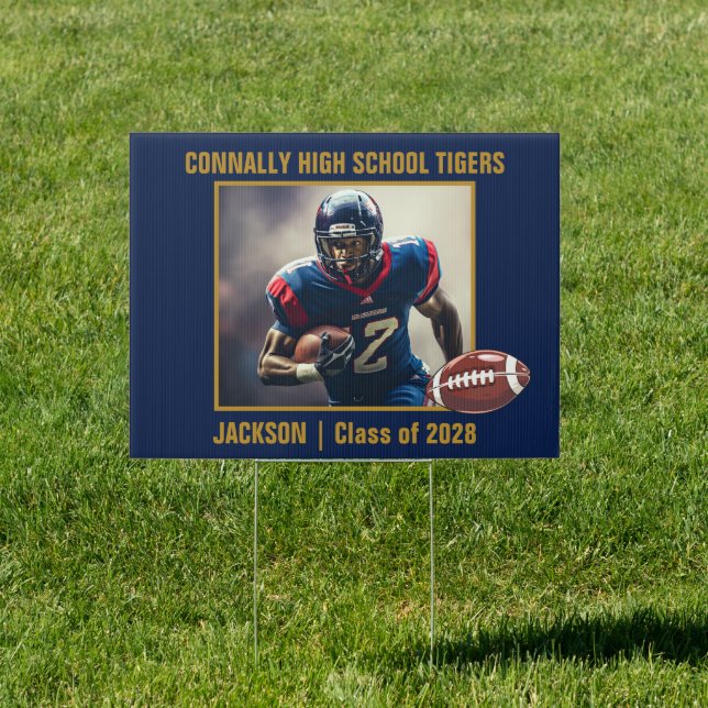 Navy Blue Football Player Photo Graduation Yard Sign (Insitu)