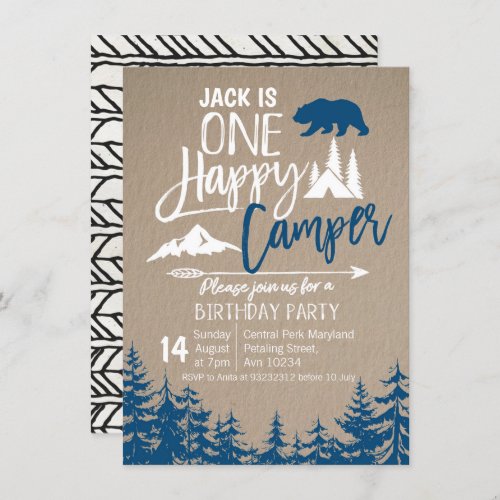 Navy Blue Forest Camping Birthday party Invitation