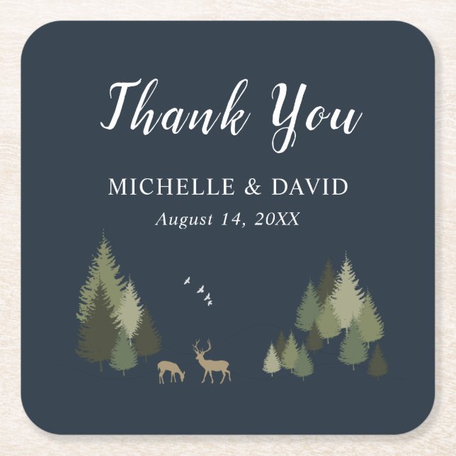 Navy Blue Forest Wedding Paper Coasters (Front)