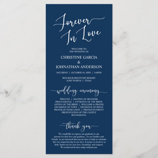 Navy Blue, Forever in Love, Wedding Ceremony Program (Front)