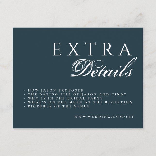 Navy Blue Formal Calligraphy Details Wedding Enclosure Card (Front)