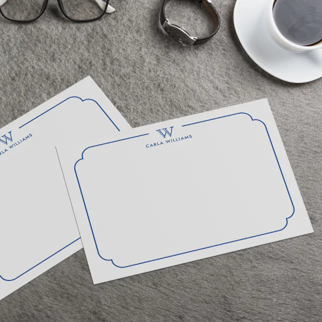 Navy Blue Formal Chic Family Monogram Ornate Frame Note Card | Zazzle
