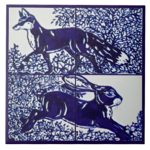 Navy Blue Fox Rabbit Woodland Floral Ceramic Mural Ceramic Tile