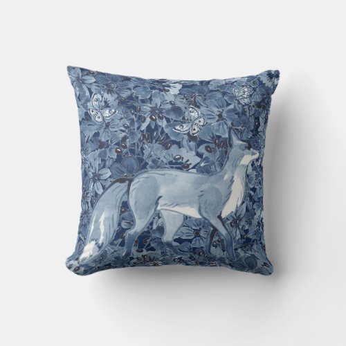 Navy Blue Fox Watercolor Floral Butterfly Fantasy Throw Pillow