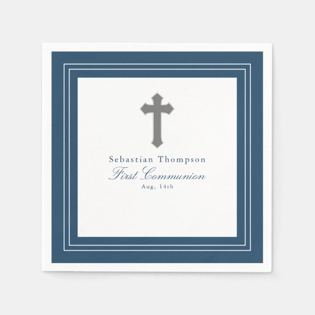 Navy Blue Frame  First Communion Paper Napkins (Front)