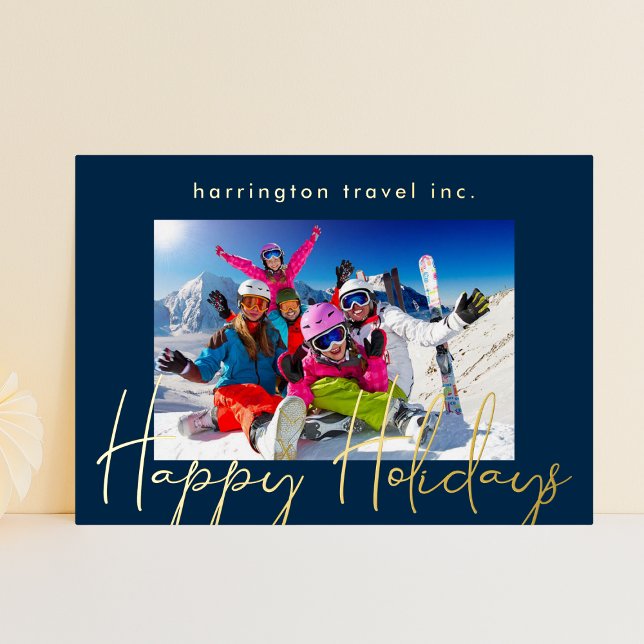 Navy Blue Frame Logo Corporate Gold Happy Foil Holiday Card (Creator Uploaded)