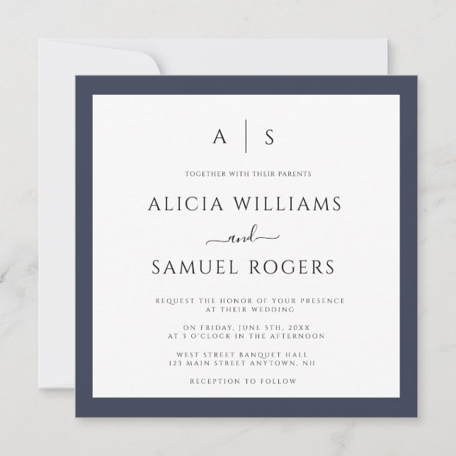 Navy Blue Frame Monogram Wedding Invitations (Front)