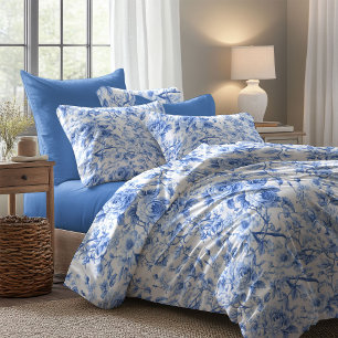 Navy Blue French Toile Roses Floral Duvet Cover