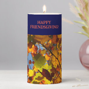 Navy Blue Friendsgiving Fall Autumn Leaves Pillar Candle