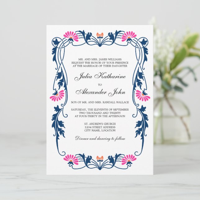 Navy Blue & Fuchsia Floral Swirls Wedding Invitation (Standing Front)