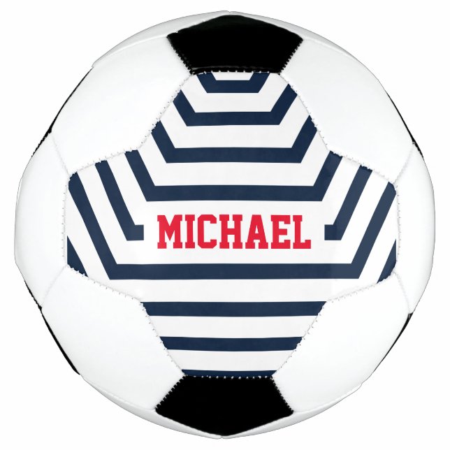 Navy Blue Fun Stripes Custom Name Soccer Ball (Front)