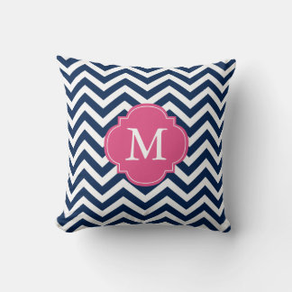 Navy Blue Fuschia Zigzag Pattern Monogram Throw Pillow