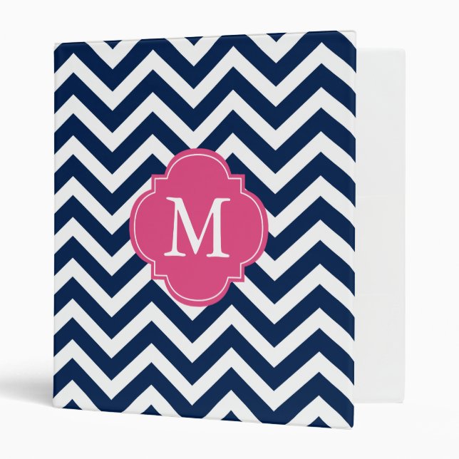 Navy Blue & Fuschia Zigzags Pattern Monogram 3 Ring Binder (Front/Inside)