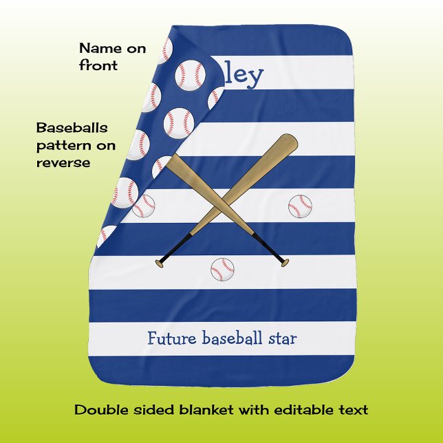 Navy blue future baseball star personalized stripe baby blanket (Creator Uploaded)