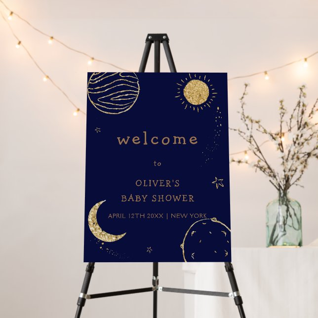 Navy Blue Galaxy Space Baby Shower Welcome Sign  (In Situ (Stand))