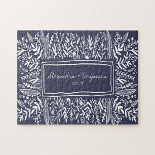 Navy Blue Garden Floral Art Border Name Wedding Jigsaw Puzzle