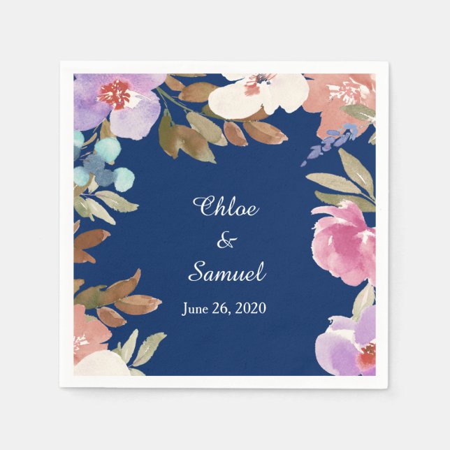 Navy Blue Garden Floral Wedding Paper Napkins (Front)