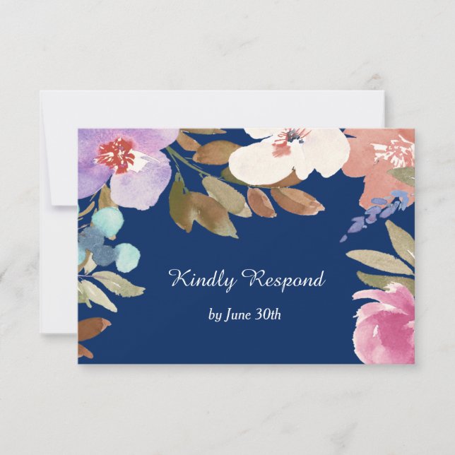 Navy Blue Garden Floral Wedding RSVP Card (Front)