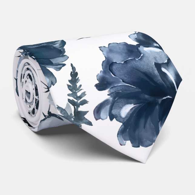 Navy Blue Garden Florals Wedding Neck Tie (Rolled)