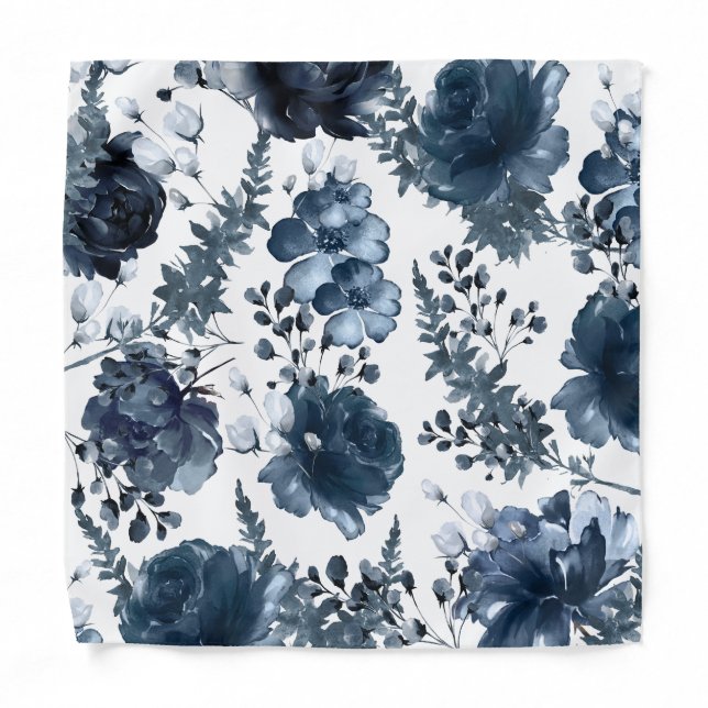 Navy Blue Garden Florals Wedding Neck Tie Bandana (Front)