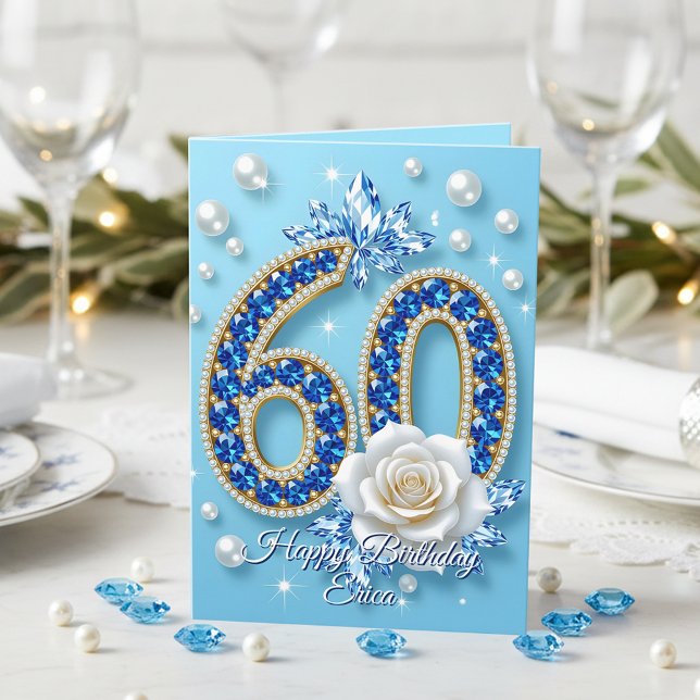 Navy Blue Gems White Rose and Pearls 60th Birthday Card (Creator Uploaded)