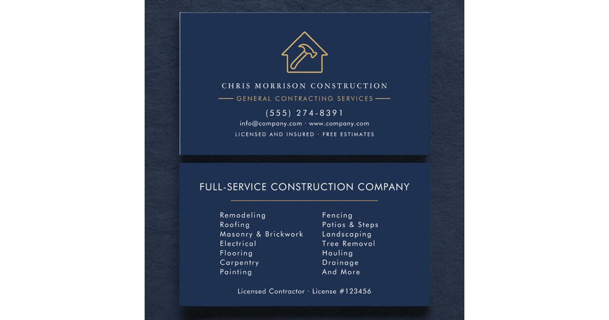 Navy Blue General Contractor Business Card | Zazzle