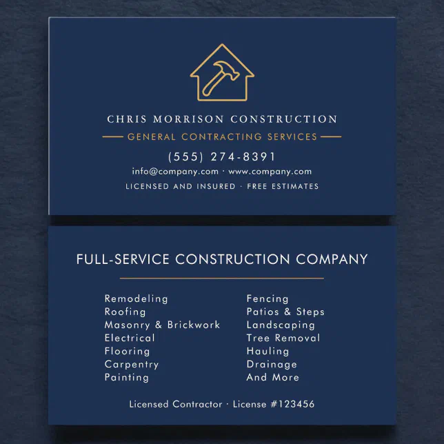 Navy Blue General Contractor Business Card | Zazzle