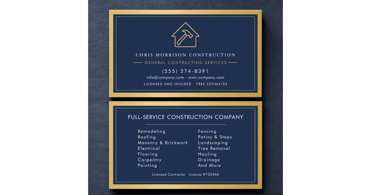 Navy Blue General Contractor Gold Metallic Business Card | Zazzle