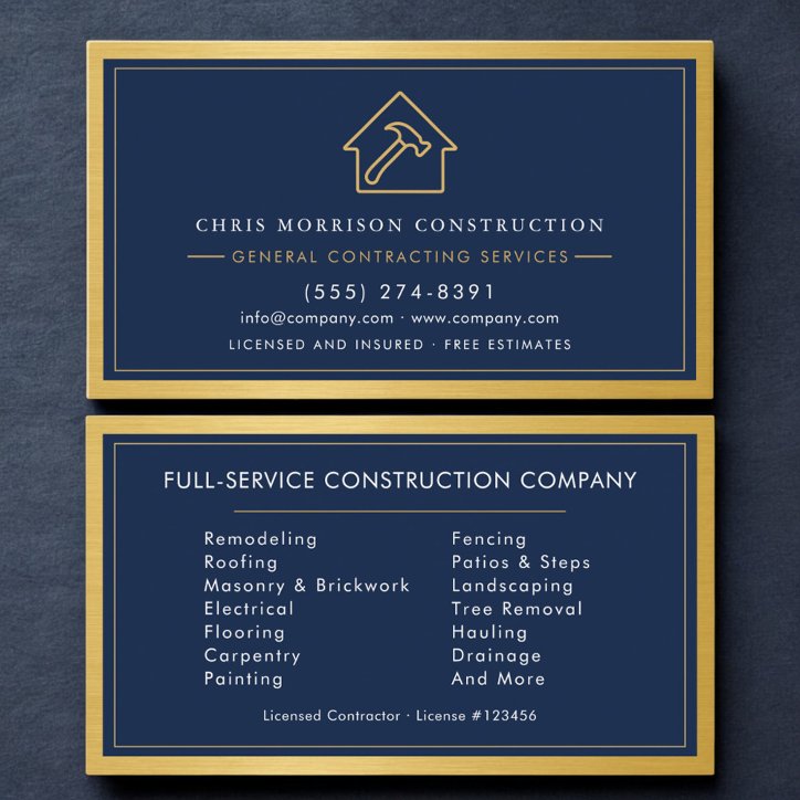 Navy Blue General Contractor Gold Metallic Business Card