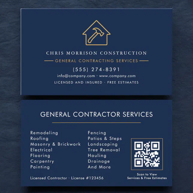 Navy Blue General Contractor QR Code Business Card | Zazzle