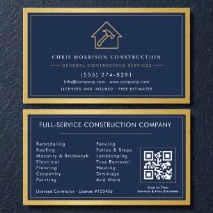 Navy Blue General Contractor QR Code Gold Metallic Business Card