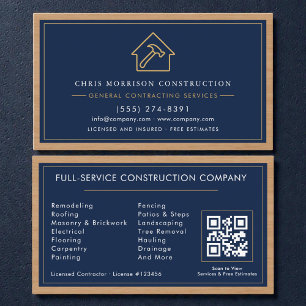 Navy Blue General Contractor QR Code Wood  Business Card