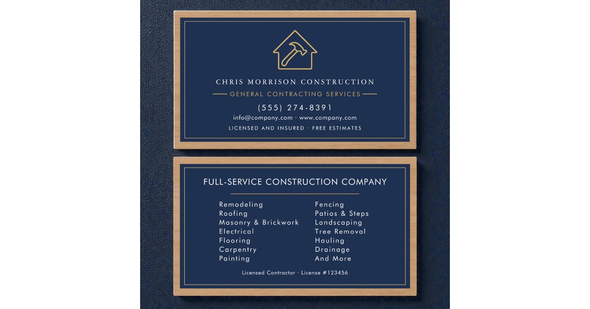 Navy Blue General Contractor Wood Business Card | Zazzle