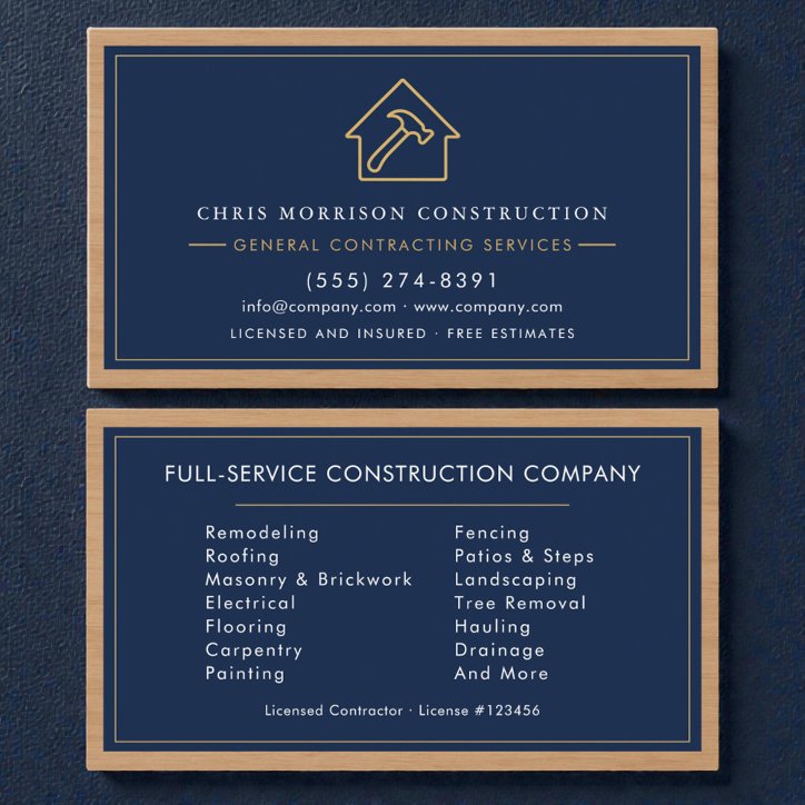 Navy Blue General Contractor Wood Business Card
