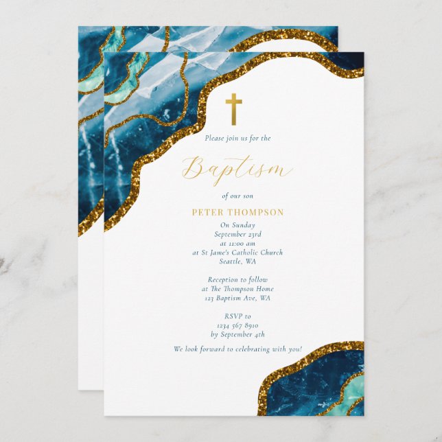 Navy Blue Geode Agate Gold Cross Baptism Invitation (Front/Back)