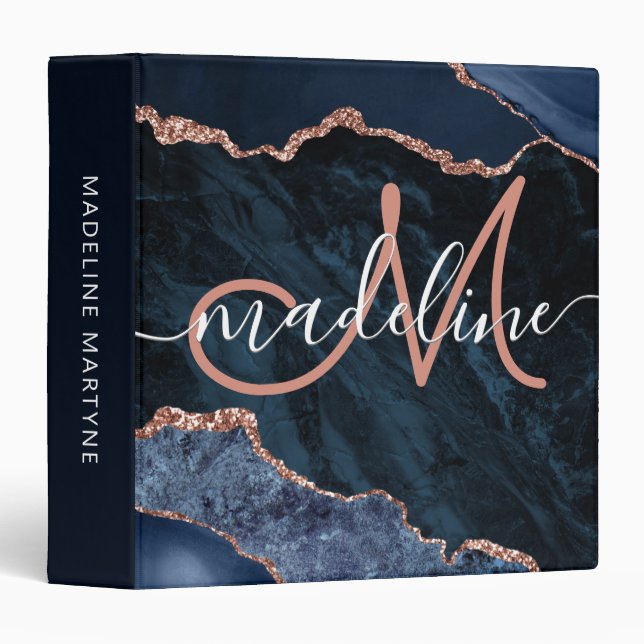 Navy Blue Geode Agate Rose Glitter Monogrammed 3 Ring Binder (Front/Spine)