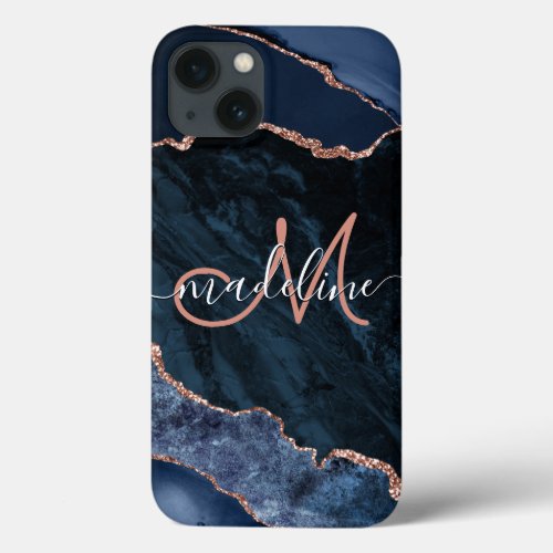 Navy Blue Geode Agate Rose Glitter Monogrammed iPhone 13 Case